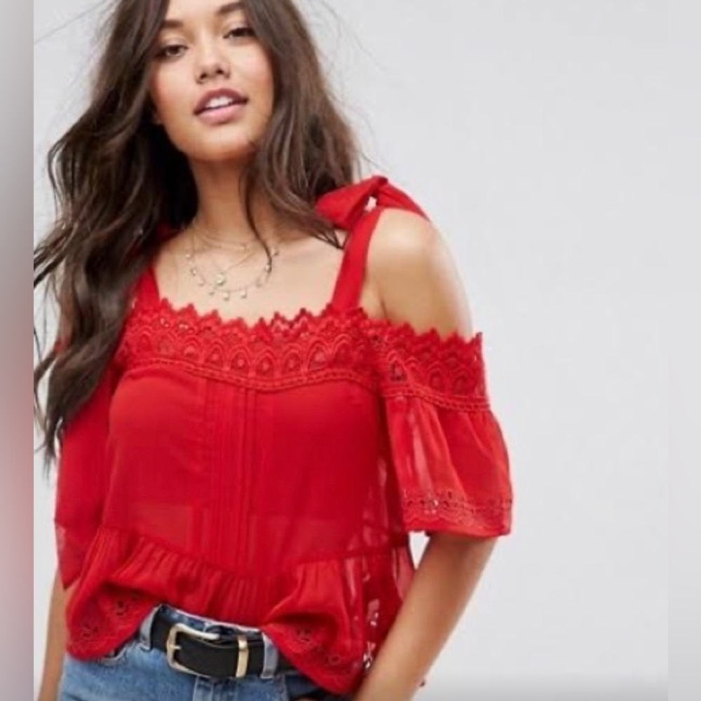Size 16 Asos Red Lace Tie Shoulder Boho Top - Picture 3 of 10